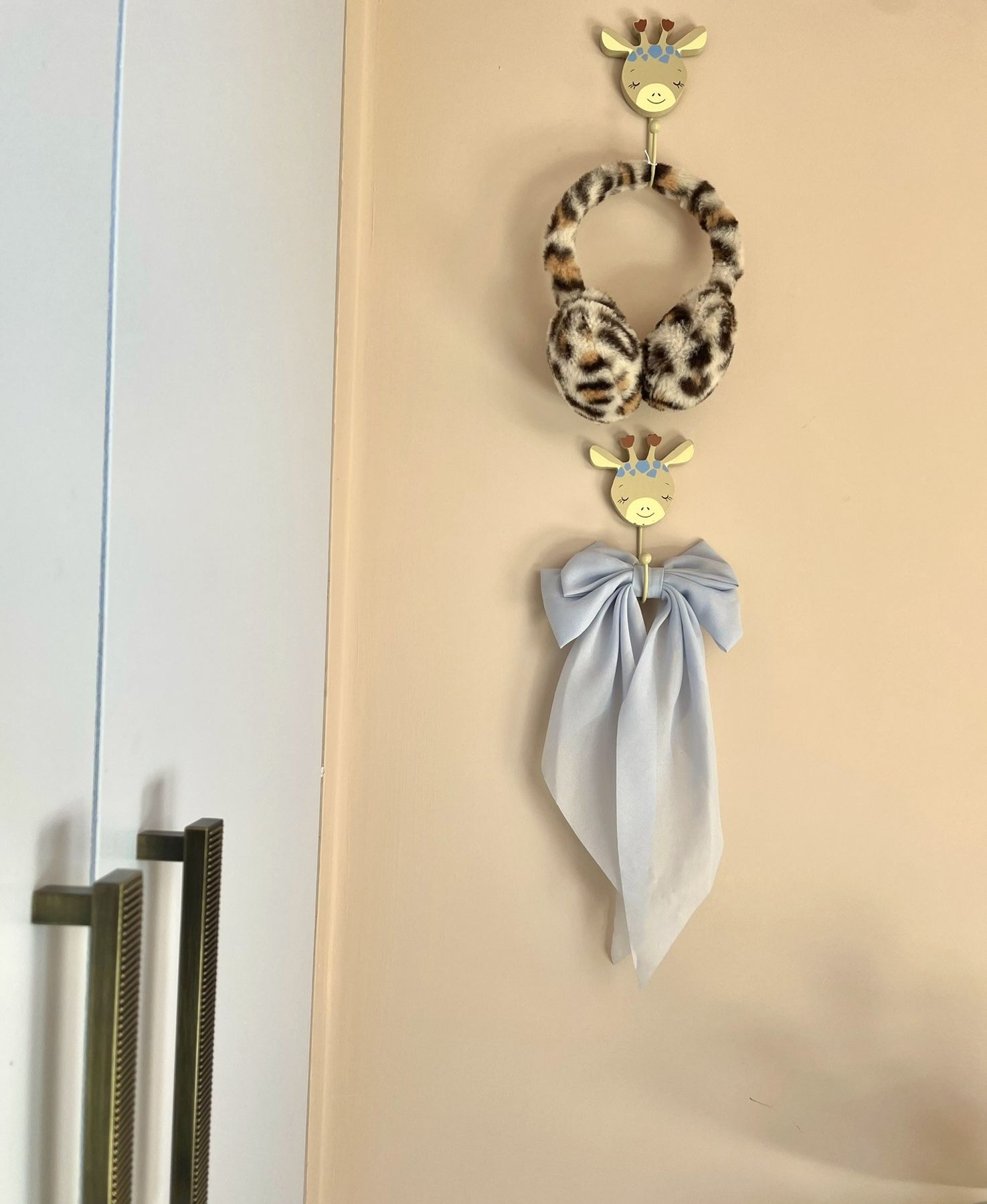 A fabric bow and leopard-print hair ties hung on the wall beside the wardrobe