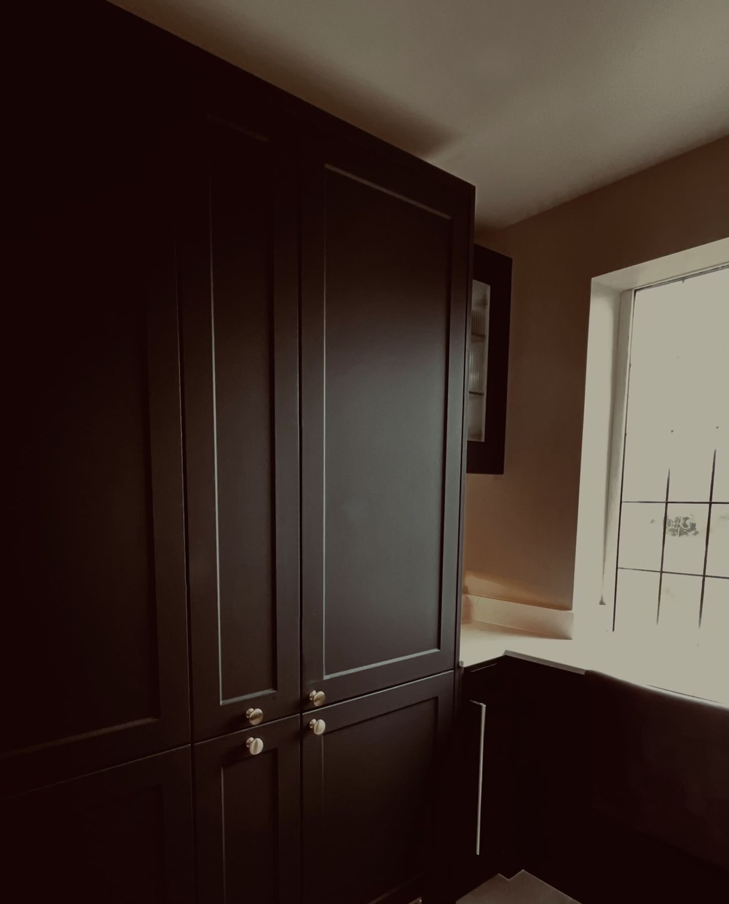 Tall dark shaker cabinets with brass knobs beside a window