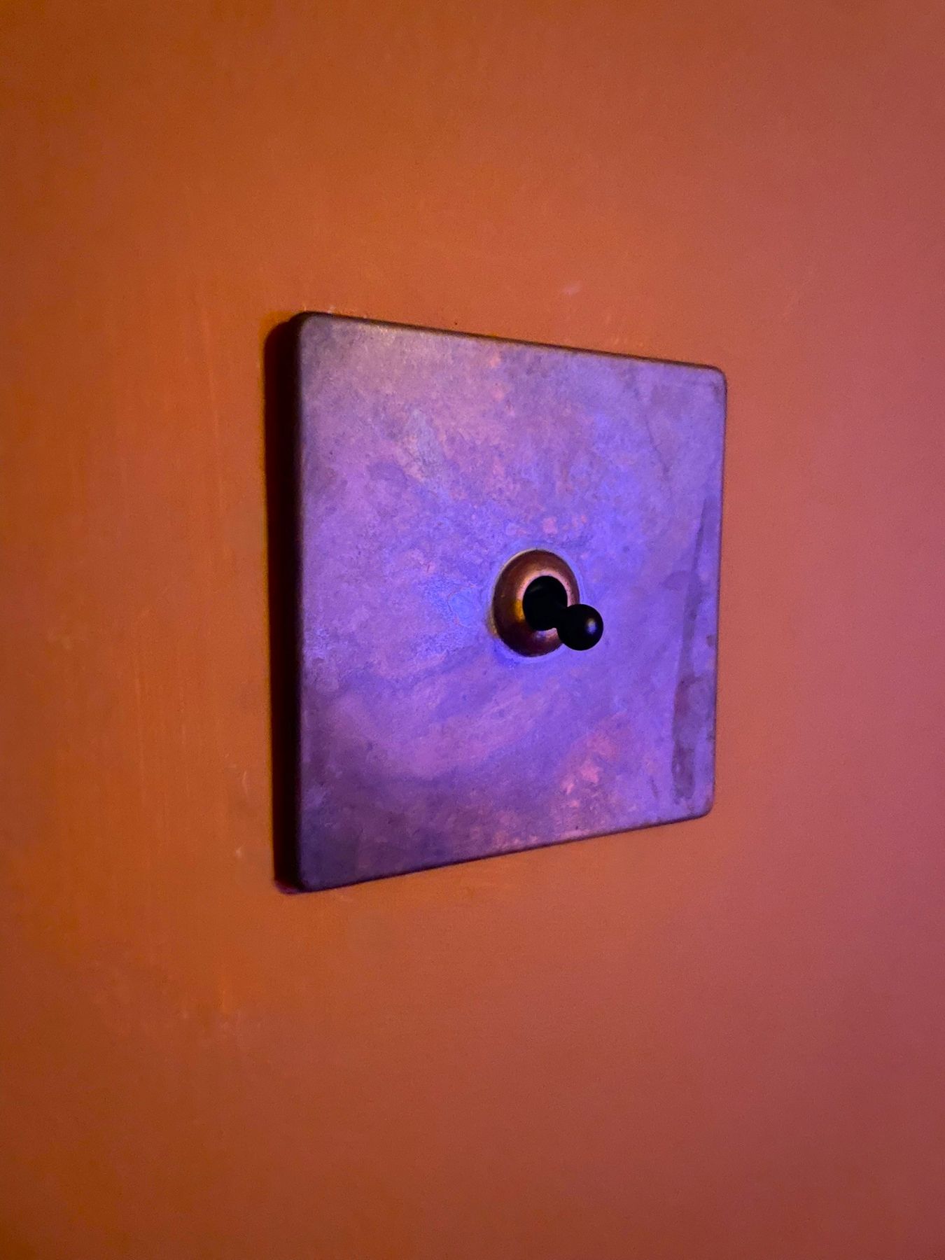 A dark metal toggle light switch on a terracotta wall