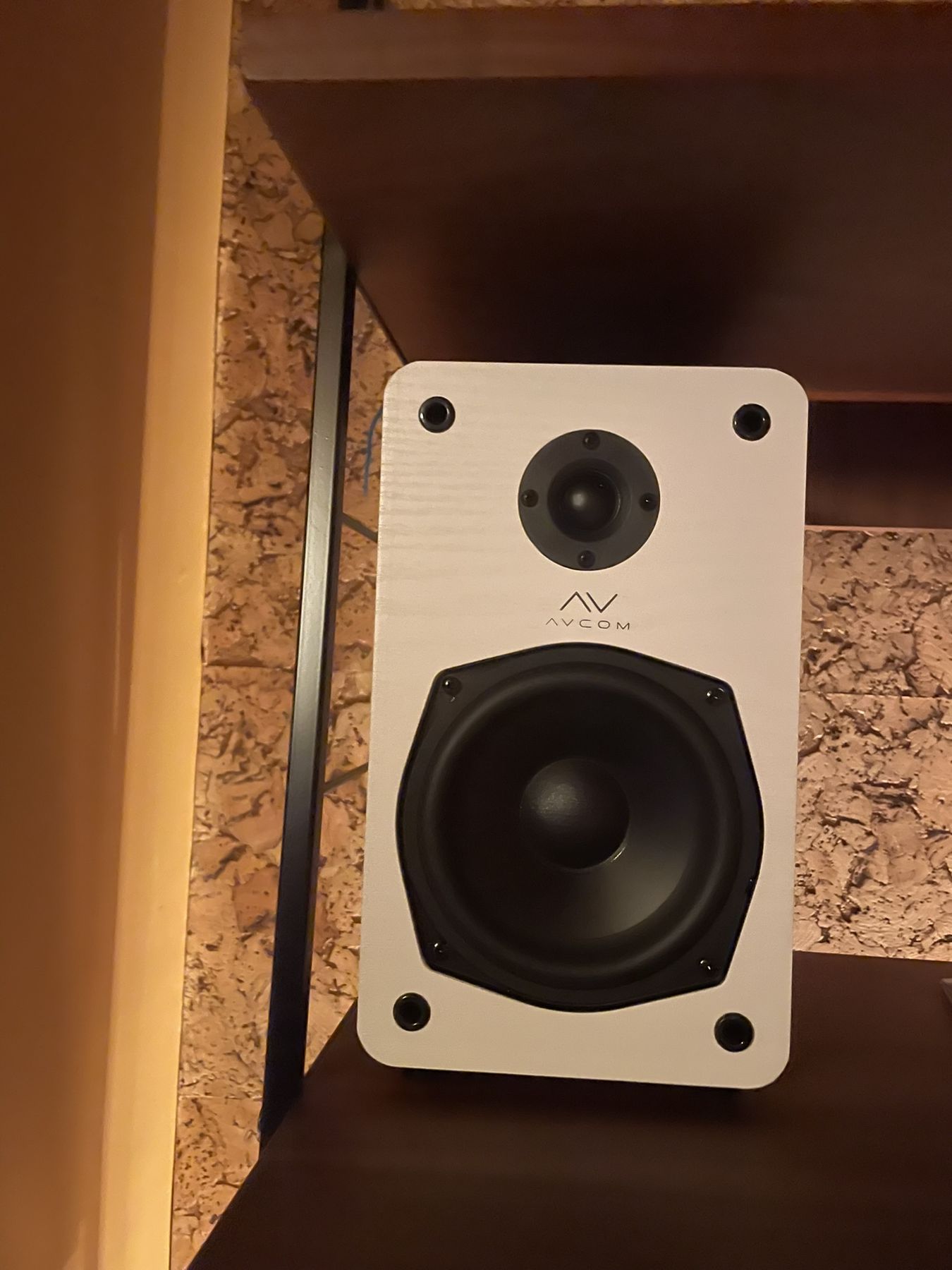 A white bookshelf speaker on a dark shelf against cork