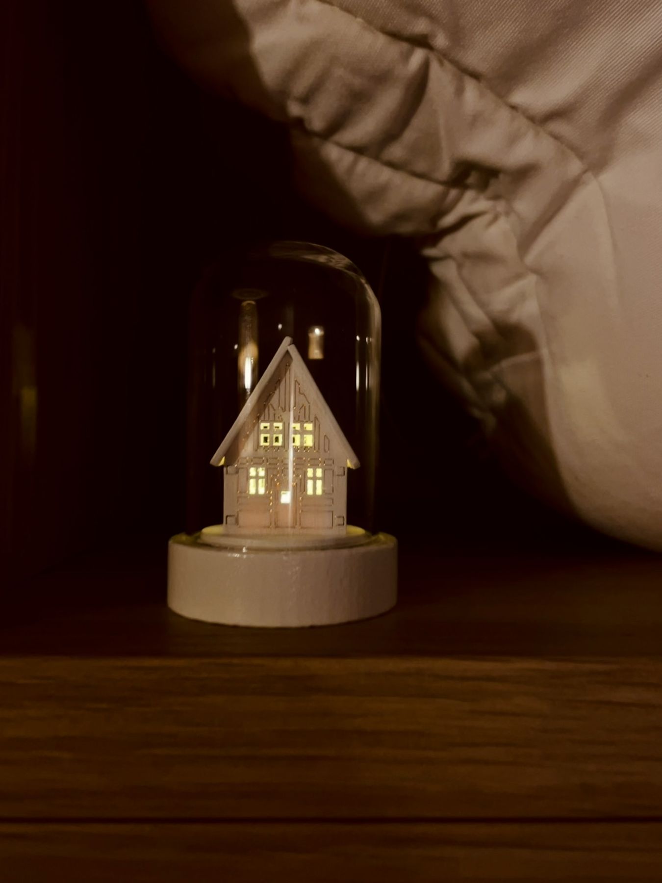 A tiny lit house under a glass dome in a dark corner